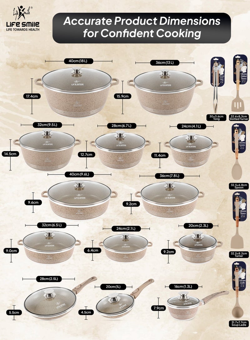 Life Smile طقم أواني الطهي غير اللاصقة من الجرانيت 31 قطعة – أواني طهي غير لاصقة متميزة، أواني الطهي والمقالي | طقم أواني وقواعد تحريض | أطباق خزفية (20/24/28/32/36/40 سم) مع أغطية، أواني ضحلة 28/32 سم، مقلاة مزدوجة 30 سم، قدر صلصة 1.3 لتر، غلاية صفارة 3.0 لتر، مقالي (20/24/28 سم) وملاعق مطبخ سيليكون مع حامل. - Image 3